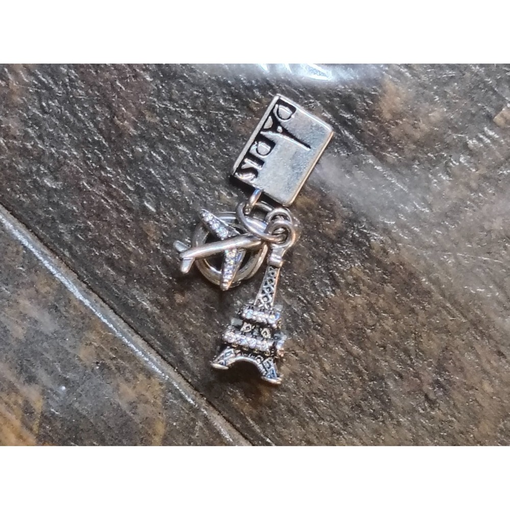 Paris Travel Dangle Charm Eiffel Tower Airplane Postcard Rhinestone Silver Tone